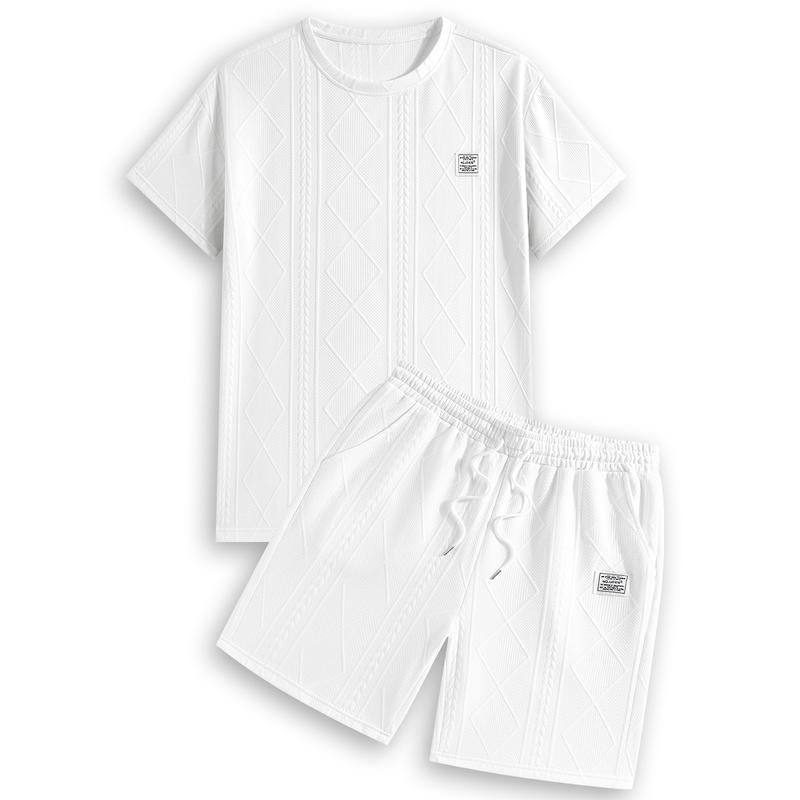 Men'S Summer Casual Sports Suit 2-Piece Texture Set Jacquard Texture Fabric Breathable round Neck T-Shirt & Shorts Formal Tropical Man Top Suits Menswear Clothes Crewneck Shortsleeve Suitable for Daily Leisure Running Tiktok Shop Deals Gifts for Him