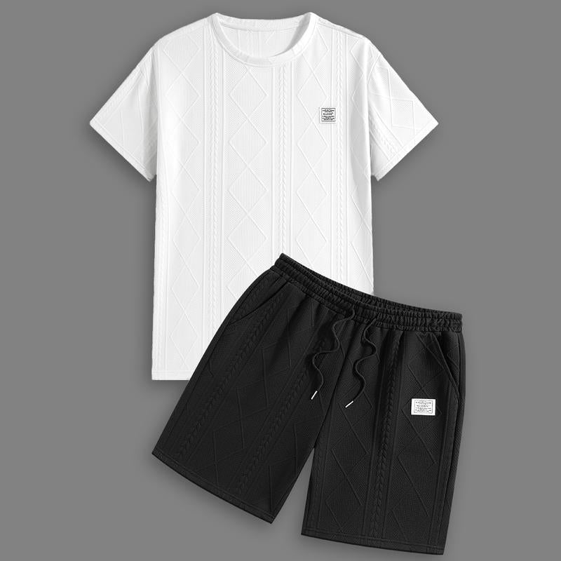 Men'S Summer Casual Sports Suit 2-Piece Texture Set Jacquard Texture Fabric Breathable round Neck T-Shirt & Shorts Formal Tropical Man Top Suits Menswear Clothes Crewneck Shortsleeve Suitable for Daily Leisure Running Tiktok Shop Deals Gifts for Him