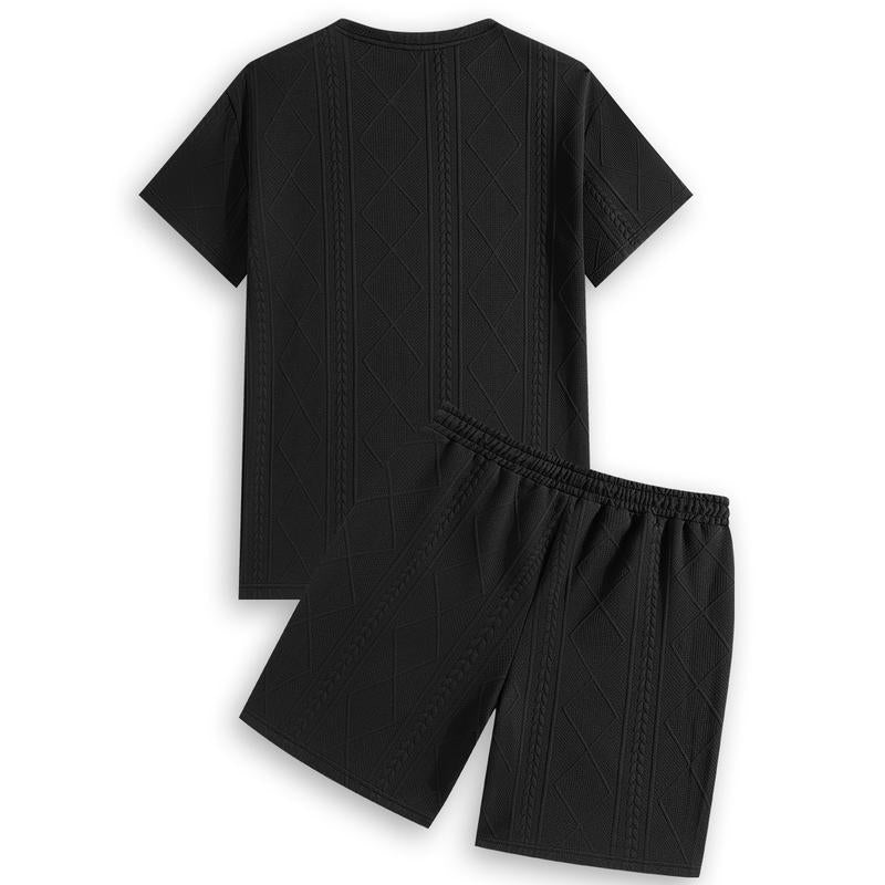 Men'S Summer Casual Sports Suit 2-Piece Texture Set Jacquard Texture Fabric Breathable round Neck T-Shirt & Shorts Formal Tropical Man Top Suits Menswear Clothes Crewneck Shortsleeve Suitable for Daily Leisure Running Tiktok Shop Deals Gifts for Him