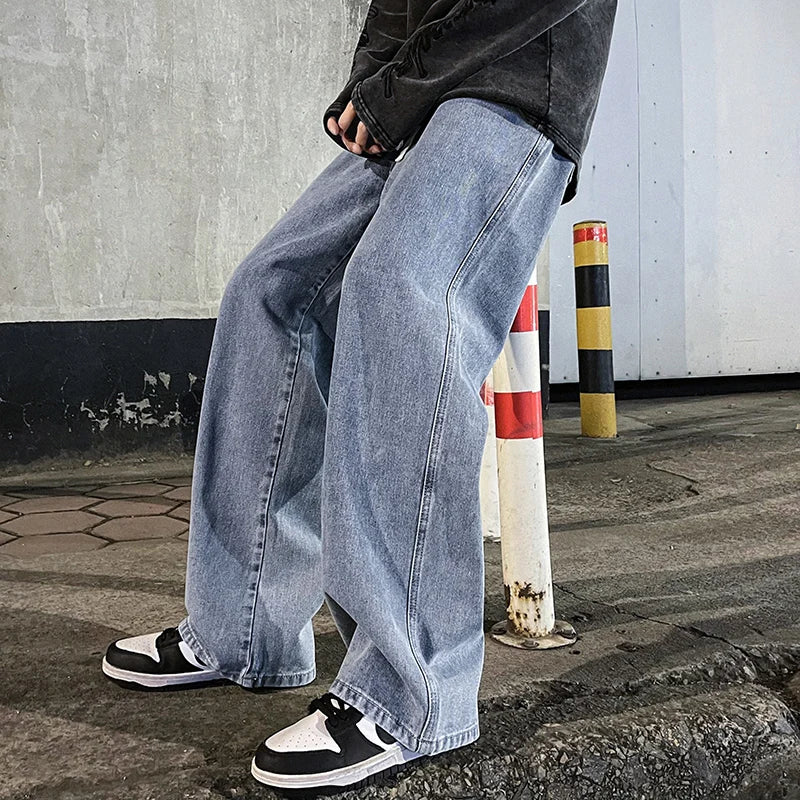 New Streetwear Loose Jeans Men Korean Style Fashion Loose Straight Wide Leg Pants Men'S Brand Clothing Black Light Blue