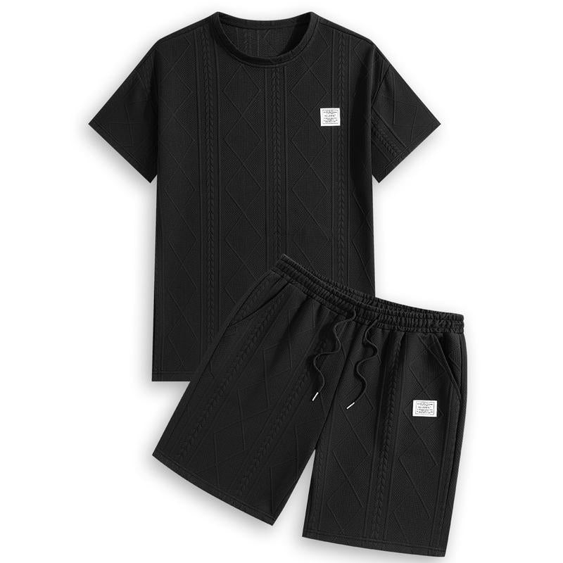Men'S Summer Casual Sports Suit 2-Piece Texture Set Jacquard Texture Fabric Breathable round Neck T-Shirt & Shorts Formal Tropical Man Top Suits Menswear Clothes Crewneck Shortsleeve Suitable for Daily Leisure Running Tiktok Shop Deals Gifts for Him