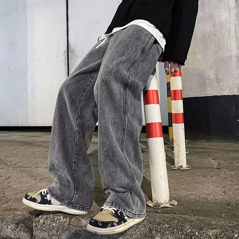 New Streetwear Loose Jeans Men Korean Style Fashion Loose Straight Wide Leg Pants Men'S Brand Clothing Black Light Blue