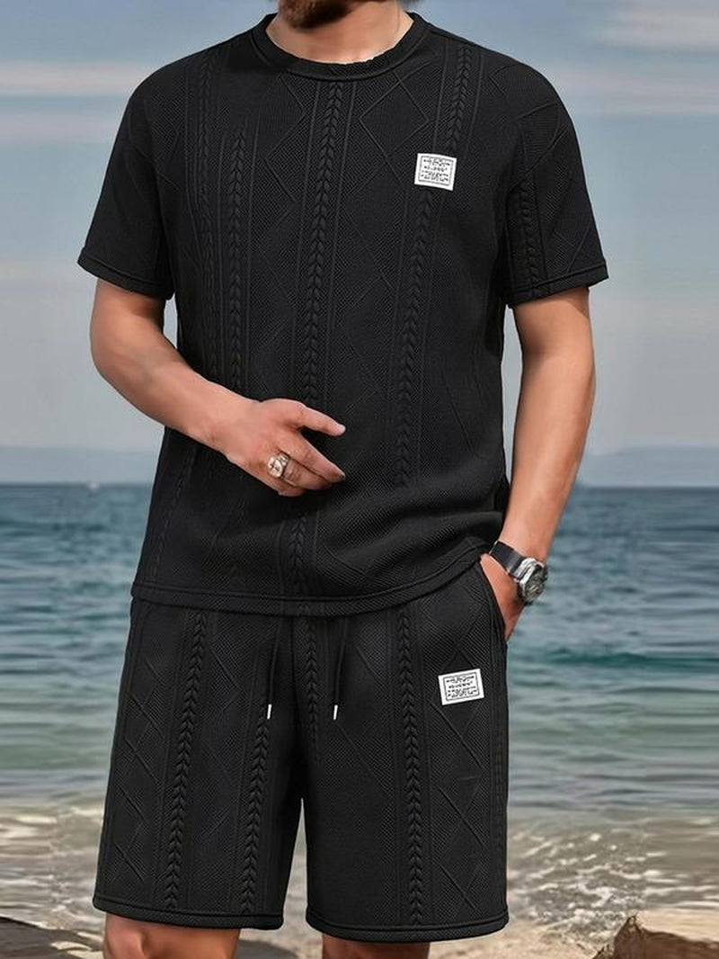 Men'S Summer Casual Sports Suit 2-Piece Texture Set Jacquard Texture Fabric Breathable round Neck T-Shirt & Shorts Formal Tropical Man Top Suits Menswear Clothes Crewneck Shortsleeve Suitable for Daily Leisure Running Tiktok Shop Deals Gifts for Him