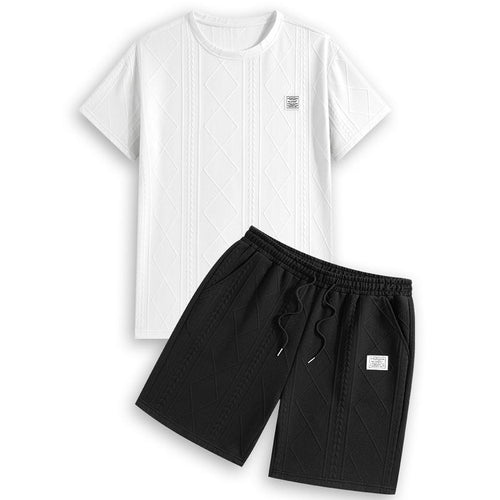 Men'S Summer Casual Sports Suit 2-Piece Texture Set Jacquard Texture Fabric Breathable round Neck T-Shirt & Shorts Formal Tropical Man Top Suits Menswear Clothes Crewneck Shortsleeve Suitable for Daily Leisure Running Tiktok Shop Deals Gifts for Him