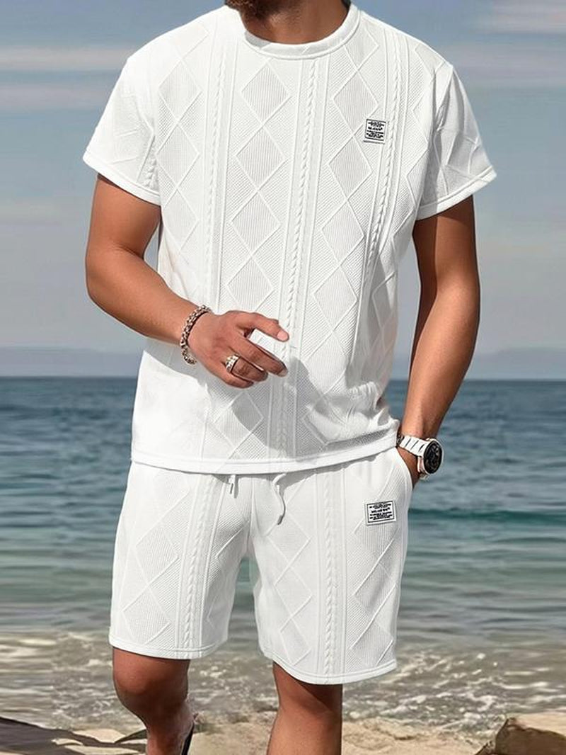 Men'S Summer Casual Sports Suit 2-Piece Texture Set Jacquard Texture Fabric Breathable round Neck T-Shirt & Shorts Formal Tropical Man Top Suits Menswear Clothes Crewneck Shortsleeve Suitable for Daily Leisure Running Tiktok Shop Deals Gifts for Him