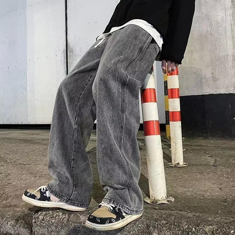 New Streetwear Loose Jeans Men Korean Style Fashion Loose Straight Wide Leg Pants Men'S Brand Clothing Black Light Blue